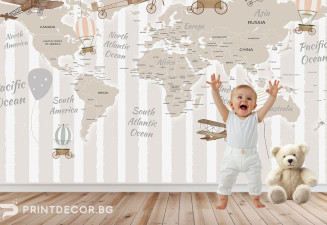 Тапет за детска стая Карта на света със самолети в бежаво