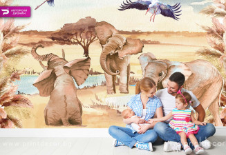 Семейство слонове в саваната акварел