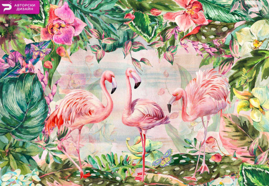 Тропически цветя и фламинго в неонови цветове