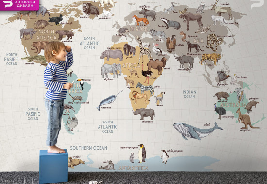 Карта на света с континенти и животни