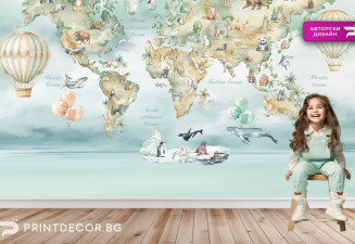 Детски образователен тапет – Карта на света с животни | Авторски дизайн на PRINTDECOR
