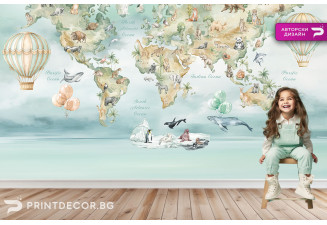 Детски образователен тапет – Карта на света с животни | Авторски дизайн на PRINTDECOR