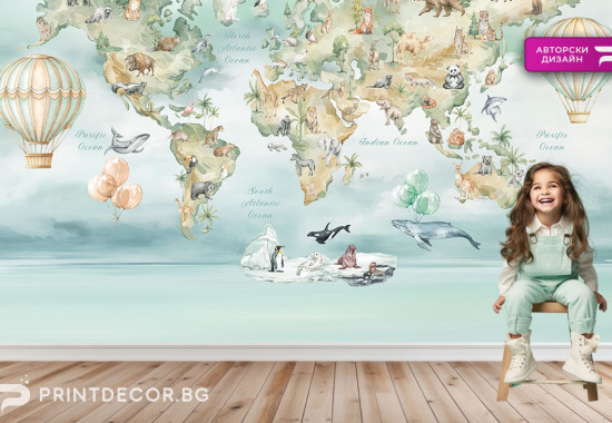 Детски образователен тапет – Карта на света с животни | Авторски дизайн на PRINTDECOR