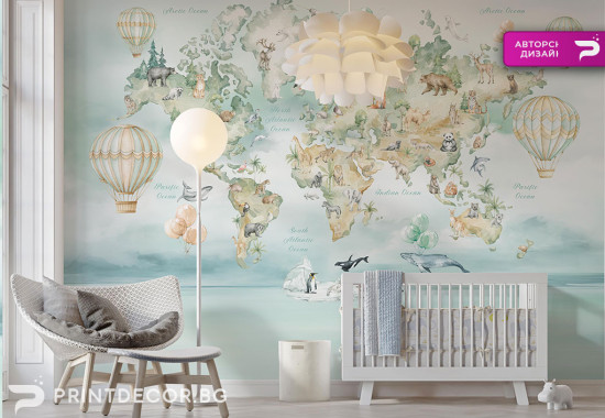 Детски образователен тапет – Карта на света с животни | Авторски дизайн на PRINTDECOR