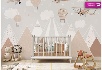 Фототапет "Планини и самолети в бежово" – стилен детски тапет | PRINTDECOR