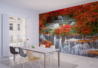 Фототапет Стар водопад с червени дървета