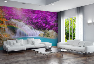 Фототапет Стар водопад с лилави дървета