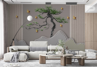 3D Фототапет Бонсай със златни птици