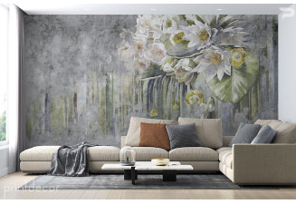 Винтидж сива бетонна стена с ретро бели цветя 