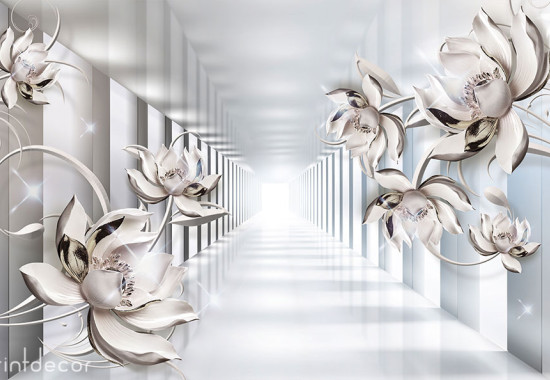 3D Фототапет Сребърен тунел с цветя
