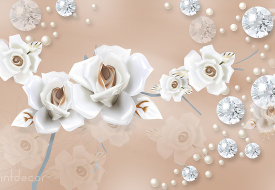 3D Блясък Бели рози с диаманти 