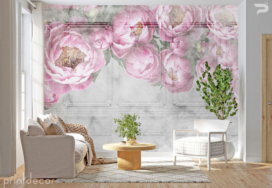 Винтидж стена с ретро розови божури