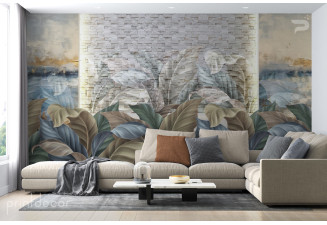Винтидж стена стуко мазилка и камък с тропически листа 