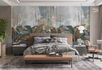 Винтидж стена стуко мазилка и декоративни панели с тропически листа 